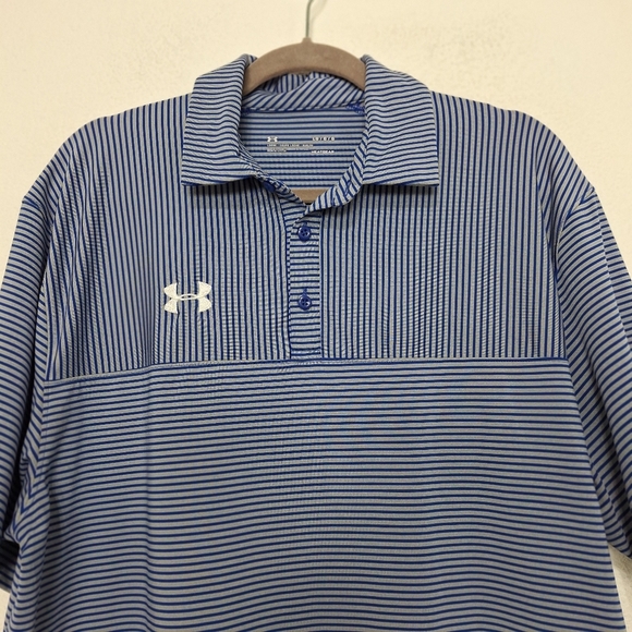 Under Armour Gorpcore HeatGear Men’s Blue Gray Striped Polo Shirt Size Large - Picture 2 of 11